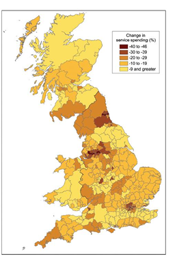 Figure 5: Map of change in service spending in Wales, Scotland, and England, 2009-10 to 2017. (Gray and Barford, 2018)